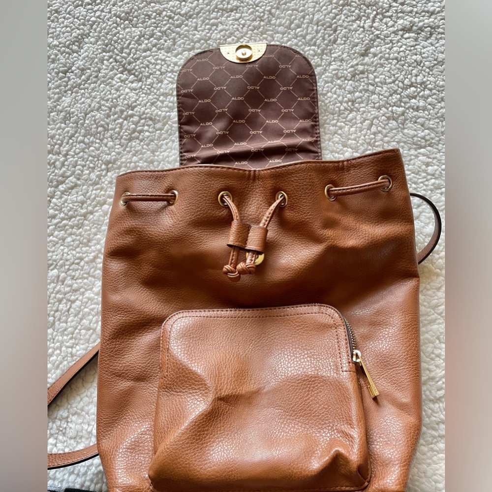 ALDO Drawstring Brown Backpack Adjustable Straps Snap Flap Closure - Picture 8 of 16
